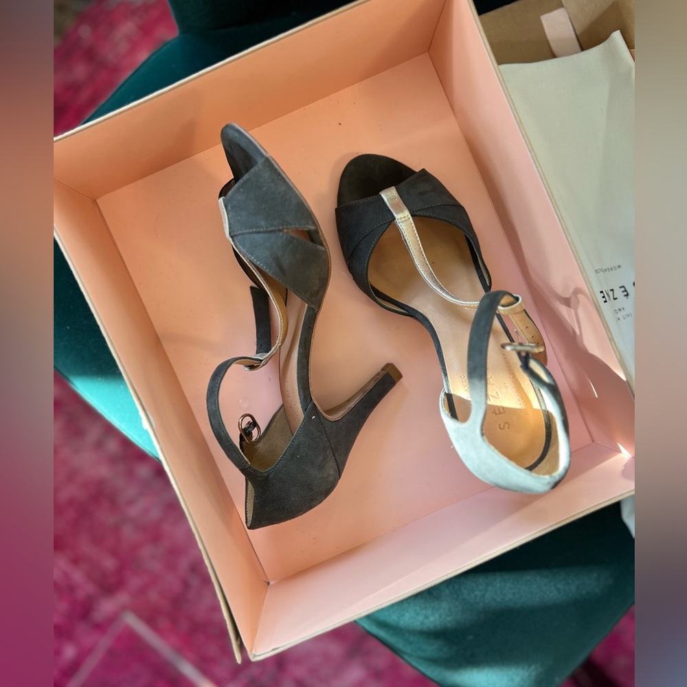 Sezane high Salome sandals, size 38 khaki/gold